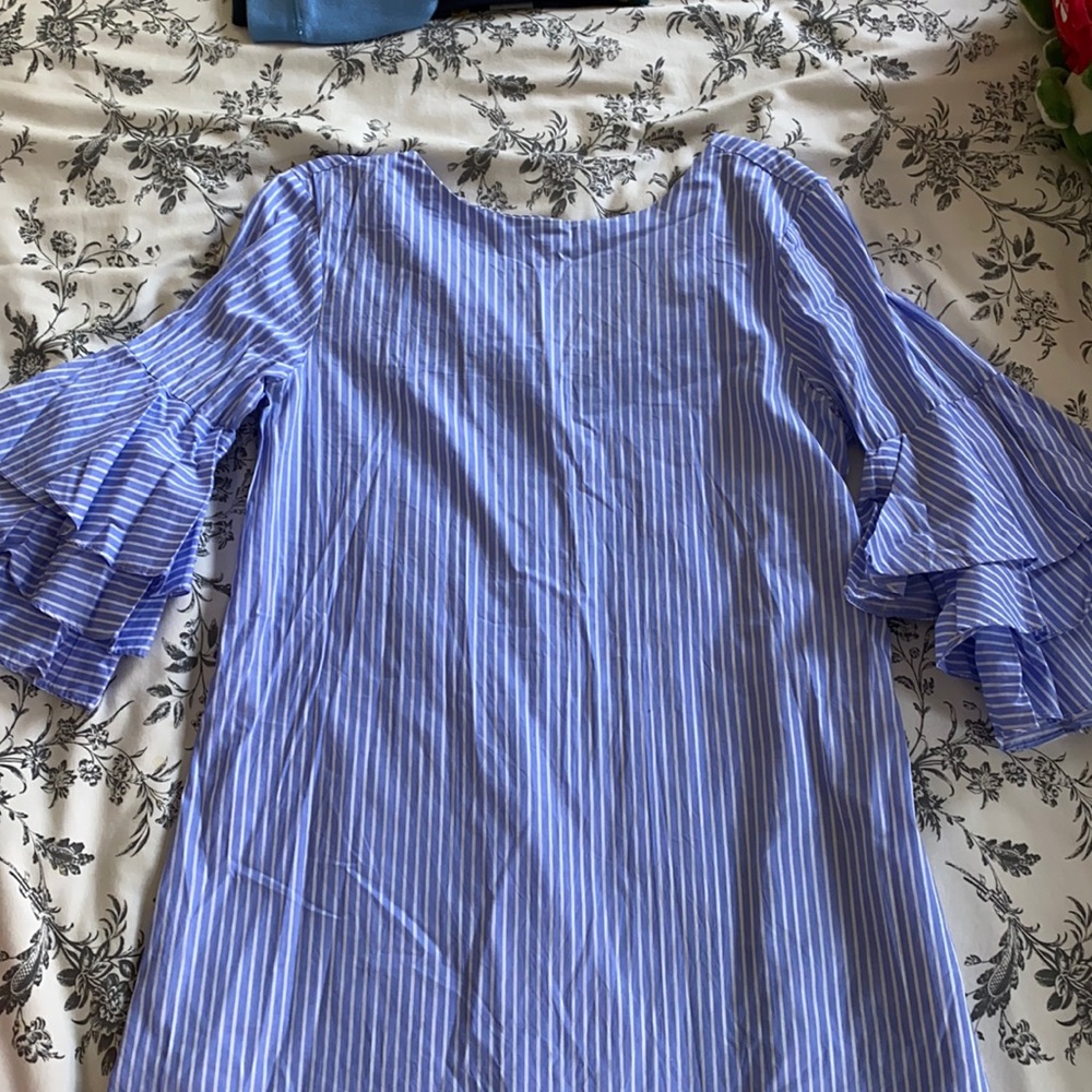 Ruffle sleeve blue pin stripe mini dress